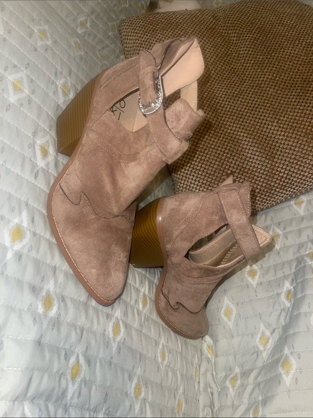Yoki Taupe Suede Cutout Ankle Boots with Buckle